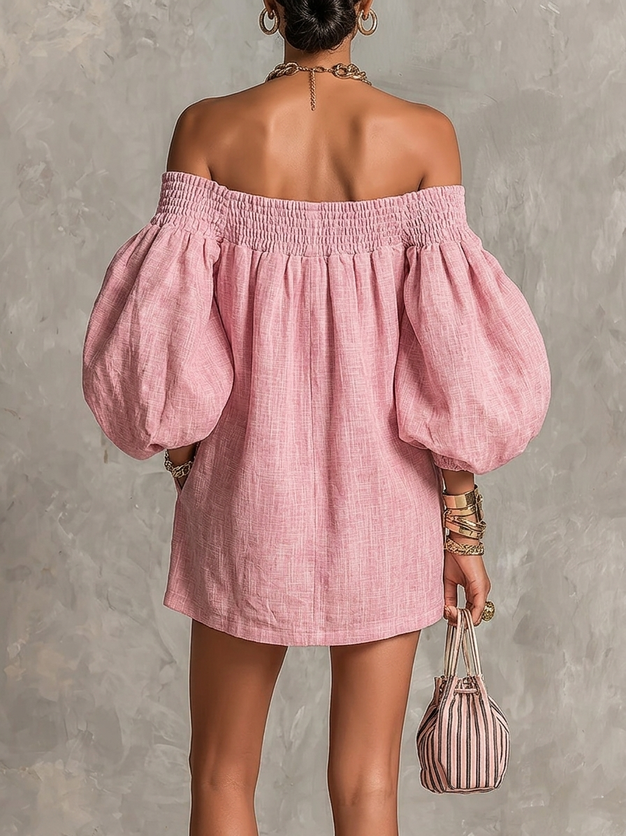 Effortless Pink Dress for Women with Off Shoulder Lantern Sleeve Smocked Waist Loose Mini Style
