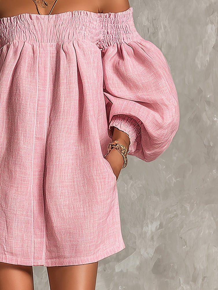 Effortless Pink Dress for Women with Off Shoulder Lantern Sleeve Smocked Waist Loose Mini Style