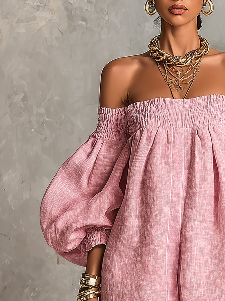 Effortless Pink Dress for Women with Off Shoulder Lantern Sleeve Smocked Waist Loose Mini Style