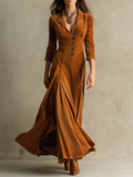 Elegant Long Dresses for Women with Suit Collar Elbow Sleeve Button Front Velvet Maxi Formal Style