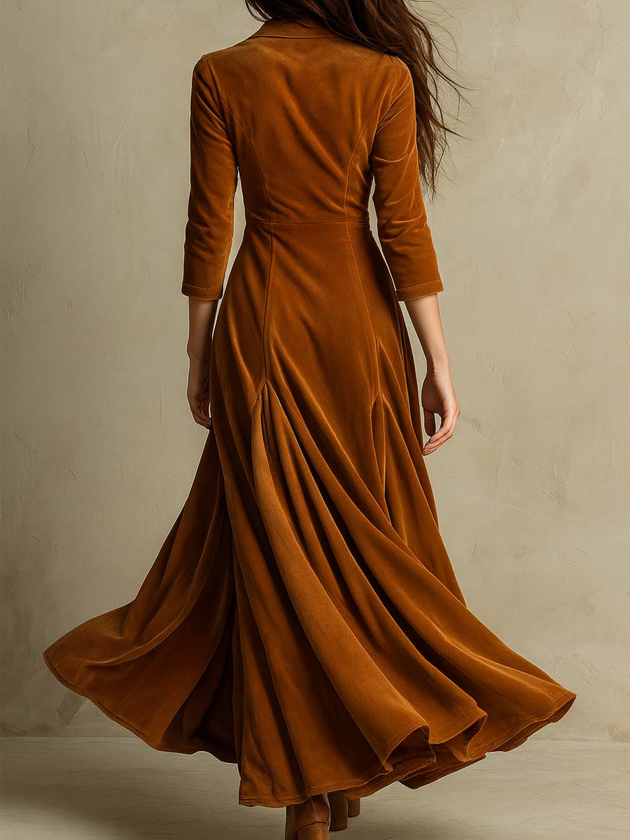 Elegant Long Dresses for Women with Suit Collar Elbow Sleeve Button Front Velvet Maxi Formal Style