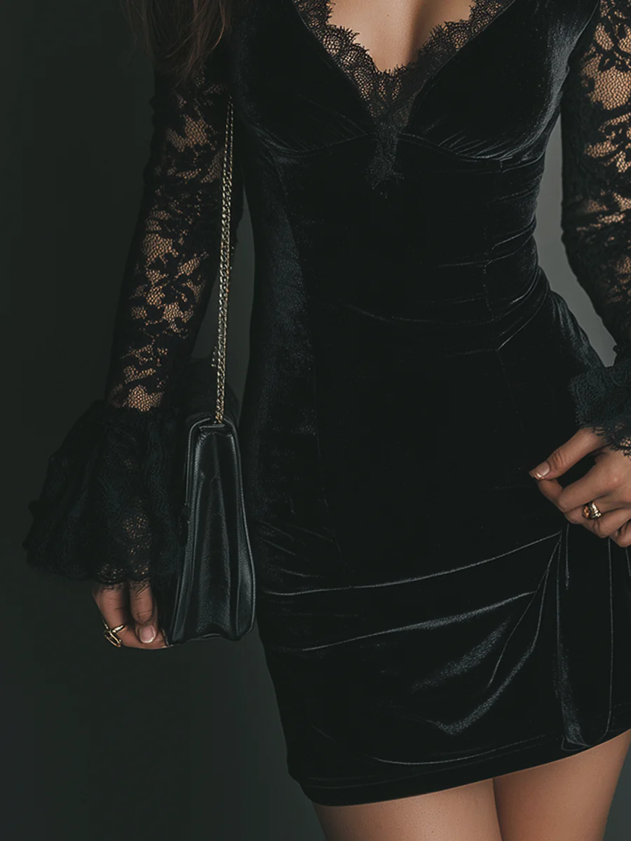 Elegant Black Dress for Women with Velvet Lace Deep V-Neck Flared Sleeve Bodycon Mini Style