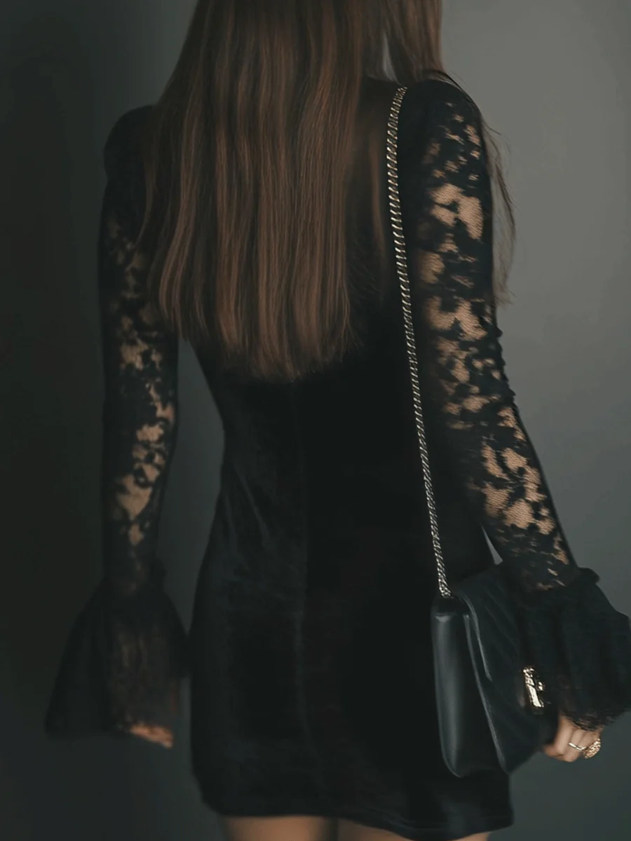 Elegant Black Dress for Women with Velvet Lace Deep V-Neck Flared Sleeve Bodycon Mini Style