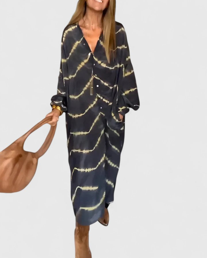 Effortless Shirt Dress for Women with Deep V-Neck Long Sleeve Button Down Stripe Print Loose Midi Style
