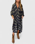 Effortless Shirt Dress for Women with Deep V-Neck Long Sleeve Button Down Stripe Print Loose Midi Style
