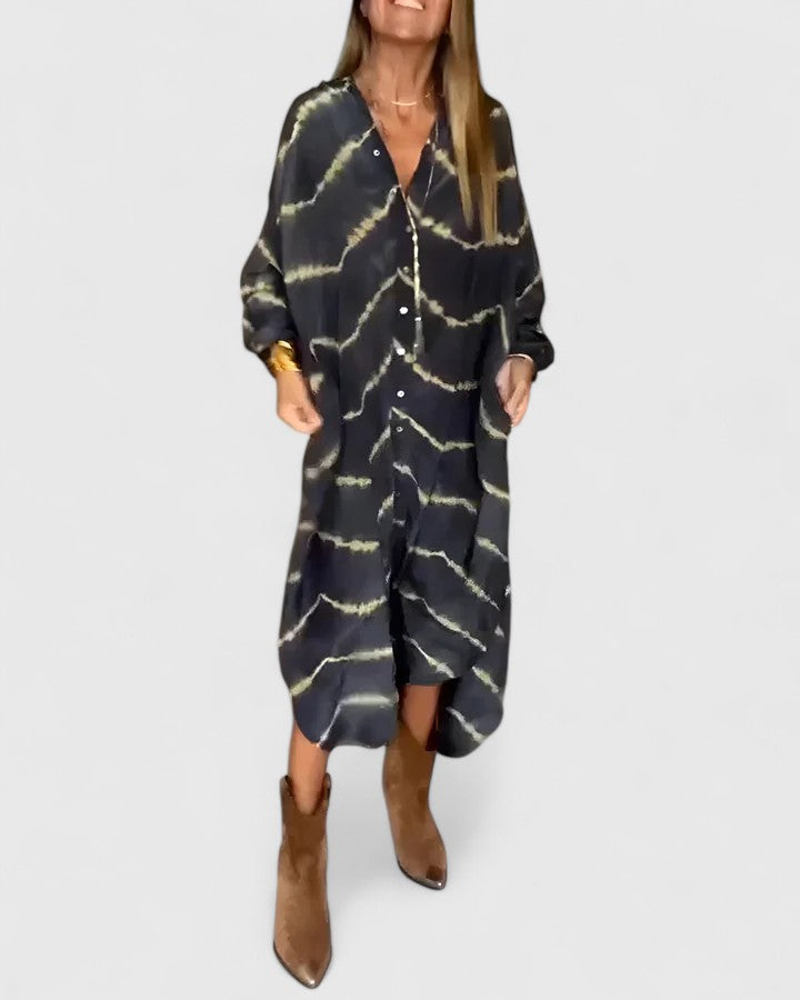 Effortless Shirt Dress for Women with Deep V-Neck Long Sleeve Button Down Stripe Print Loose Midi Style