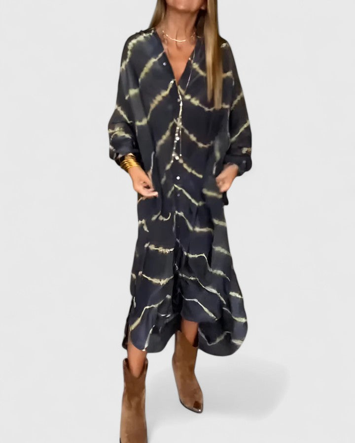 Effortless Shirt Dress for Women with Deep V-Neck Long Sleeve Button Down Stripe Print Loose Midi Style