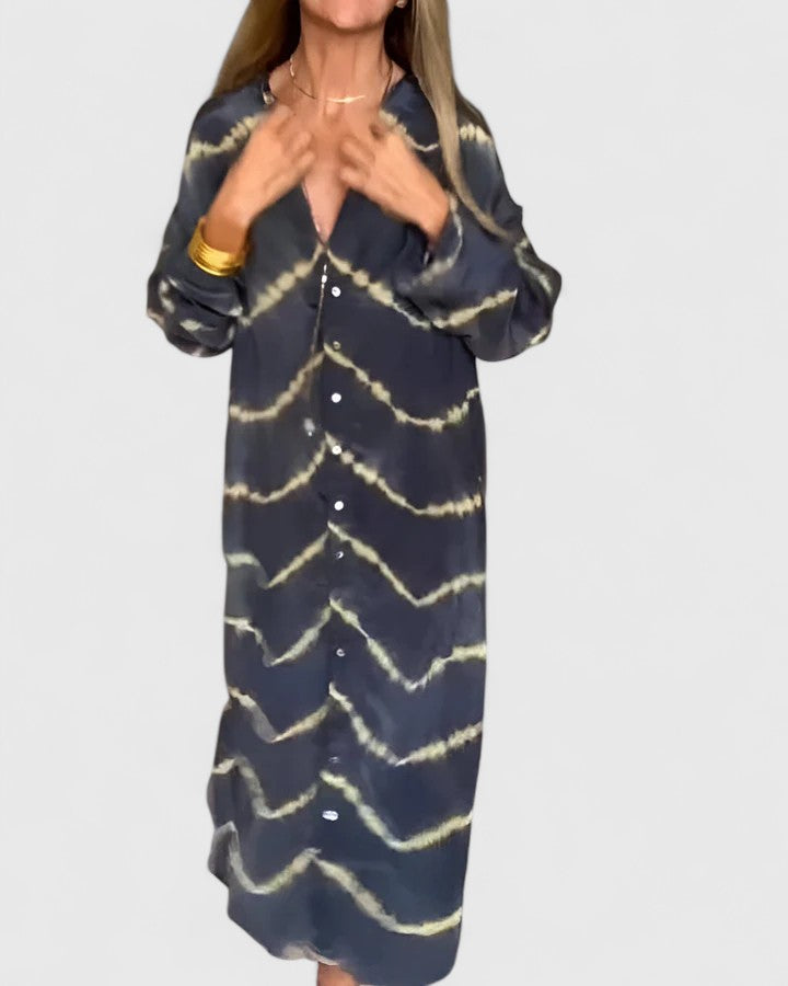 Effortless Shirt Dress for Women with Deep V-Neck Long Sleeve Button Down Stripe Print Loose Midi Style