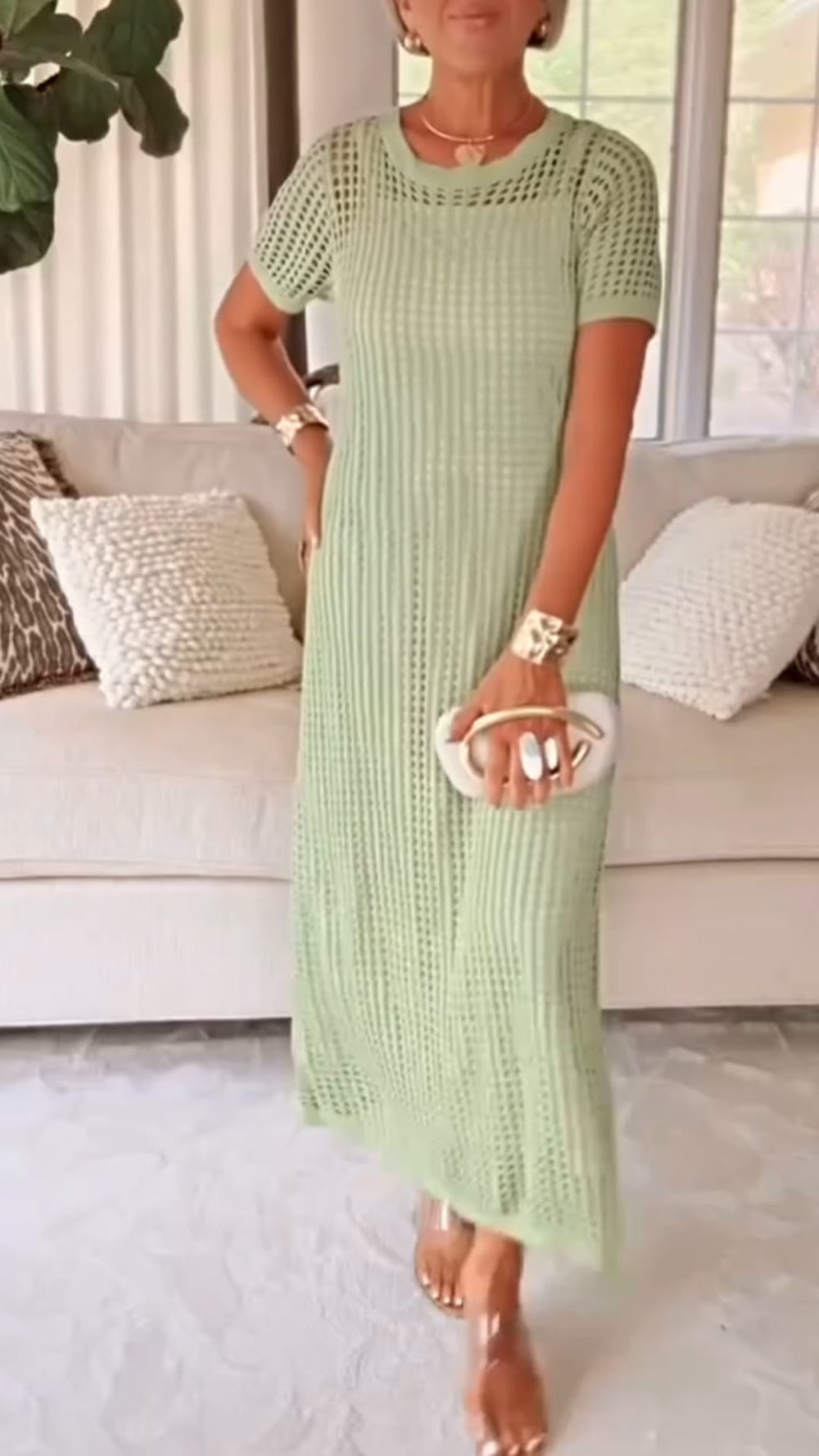 Effortless Two-Piece Set for Women with Boat Neck Short Sleeve Crochet Mesh Hollow Out Casual Style