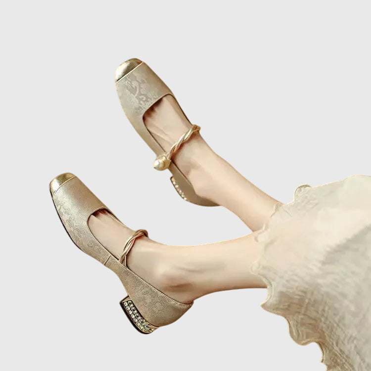 Elegant Mary Jane Shoes for Women with Round Toe Rhinestone Heel Jacquard Fabric Flat Slip On Style