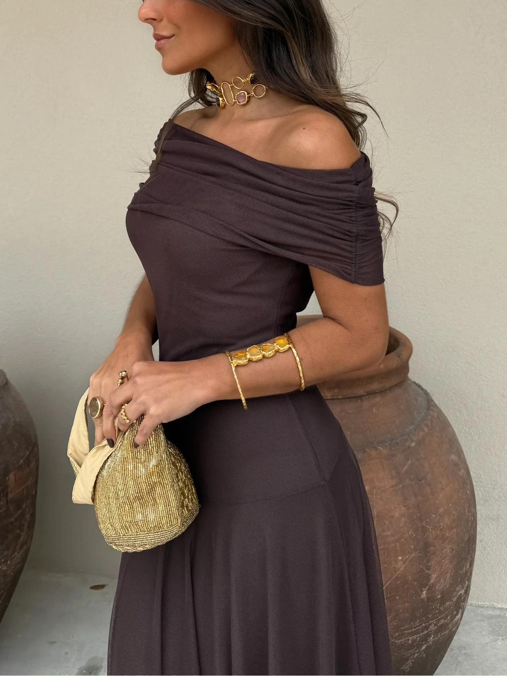 Elegant Maxi Dresses for Women with Mesh Off Shoulder Draped Neckline Ruched Bodycon Formal Style