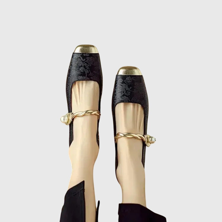 Elegant Mary Jane Shoes for Women with Round Toe Rhinestone Heel Jacquard Fabric Flat Slip On Style