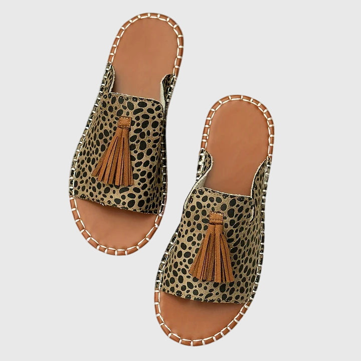 Comfortable Sandals for Women with Toe Ring Tassel Detail Ethnic Print Flat Sole Casual Flip Flop Style