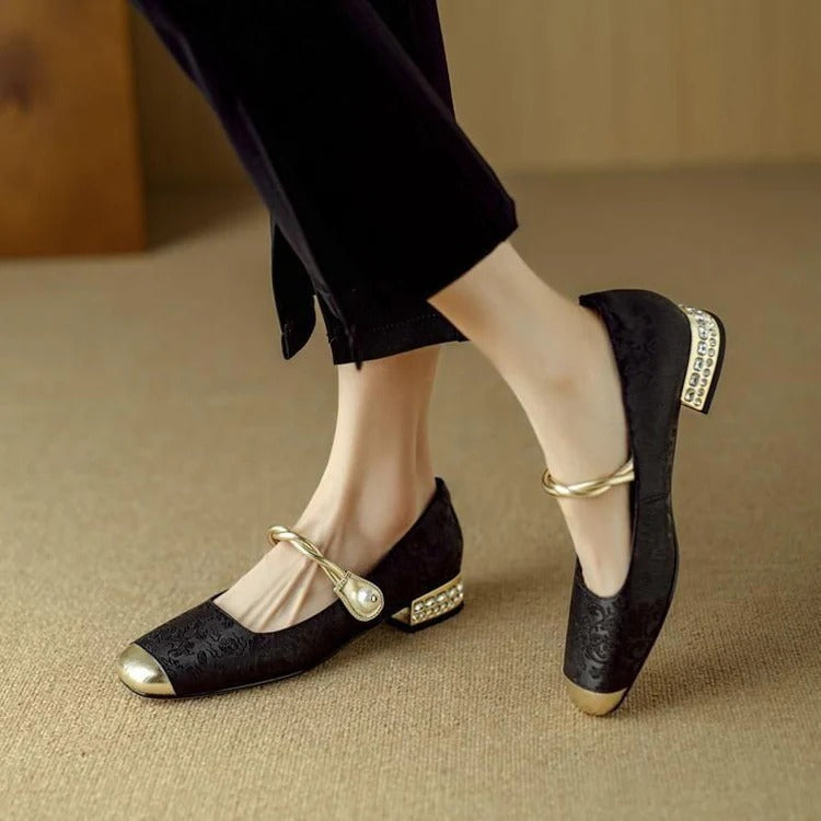 Comfortable Orthopedic Sandals for Women with Round Toe Gold Cap Toe Pearl Ankle Strap Jacquard Low Heel Style