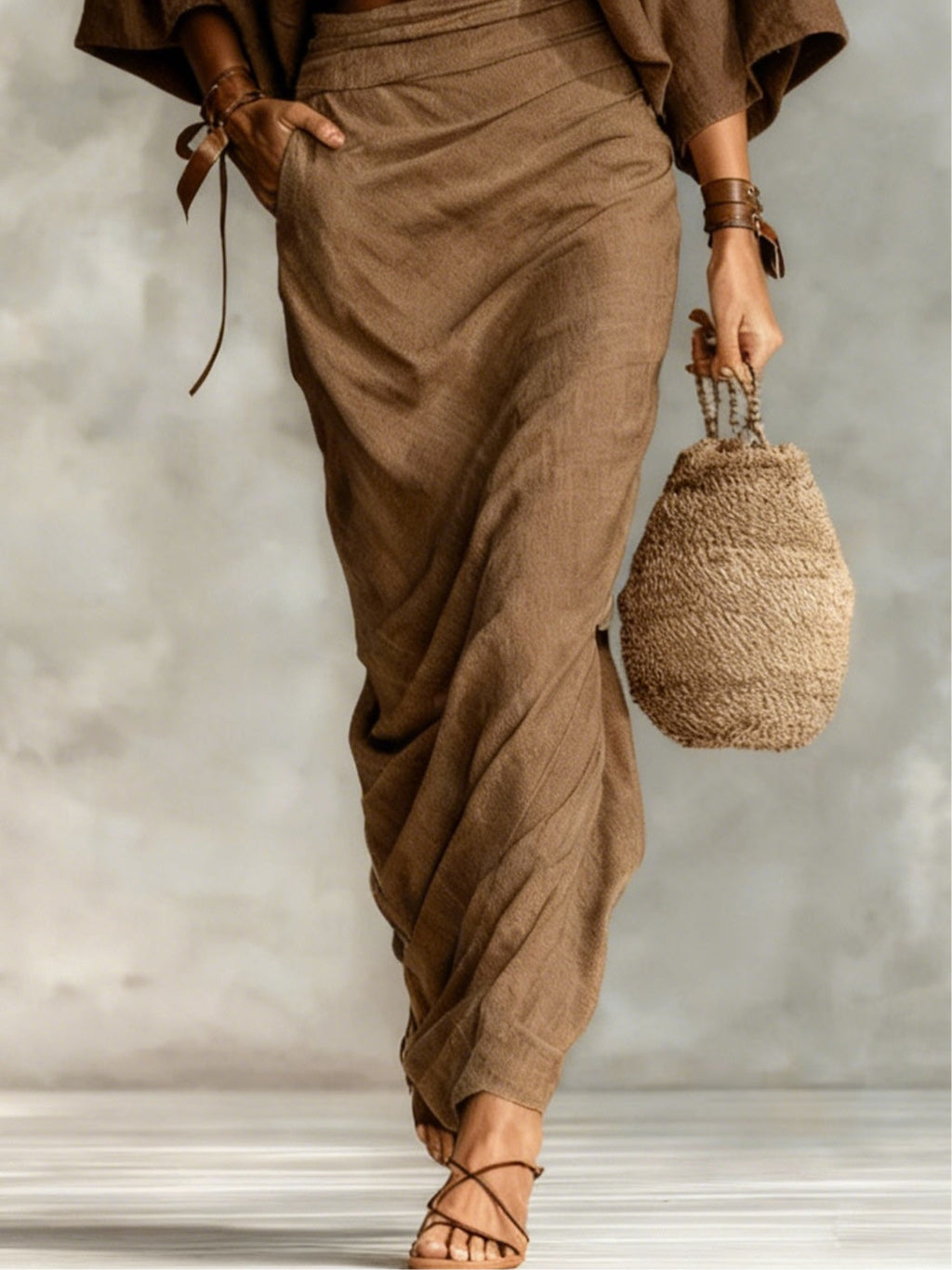 Effortless Linen Two-Piece Set for Women with Batwing Sleeve Round Neck Maxi Skirt Casual Style
