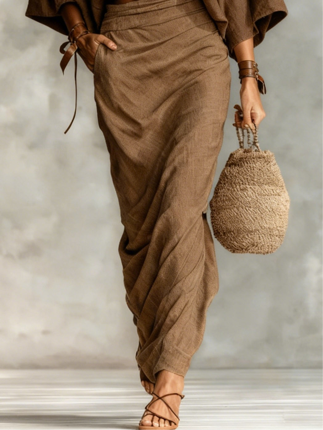 Effortless Linen Two-Piece Set for Women with Batwing Sleeve Round Neck Maxi Skirt Casual Style