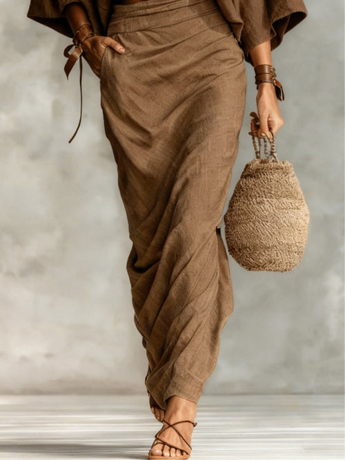 Effortless Linen Two-Piece Set for Women with Batwing Sleeve Round Neck Maxi Skirt Casual Style