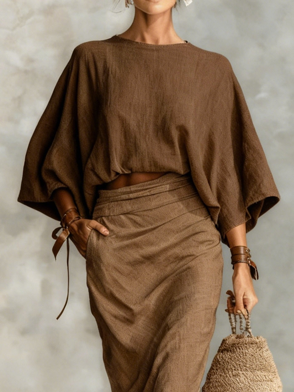 Effortless Linen Two-Piece Set for Women with Batwing Sleeve Round Neck Maxi Skirt Casual Style