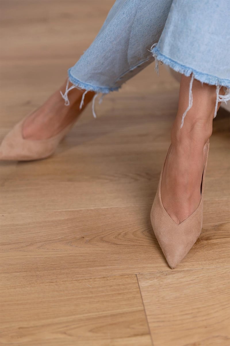 Elegant Beige Sandals for Women with Pointed Toe Slingback Stiletto Heel Suede Slip On Pump Formal Style